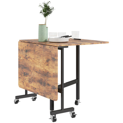 HOMCOM Six-Seater Drop-Leaf Dining Table, with Wheels - Brown Wood-Effect 