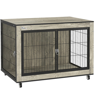 PawHut Dog Crate Furniture with Wheels, Double Doors, for Medium Dogs, 80 x 56 x 62.5cm, Grey 