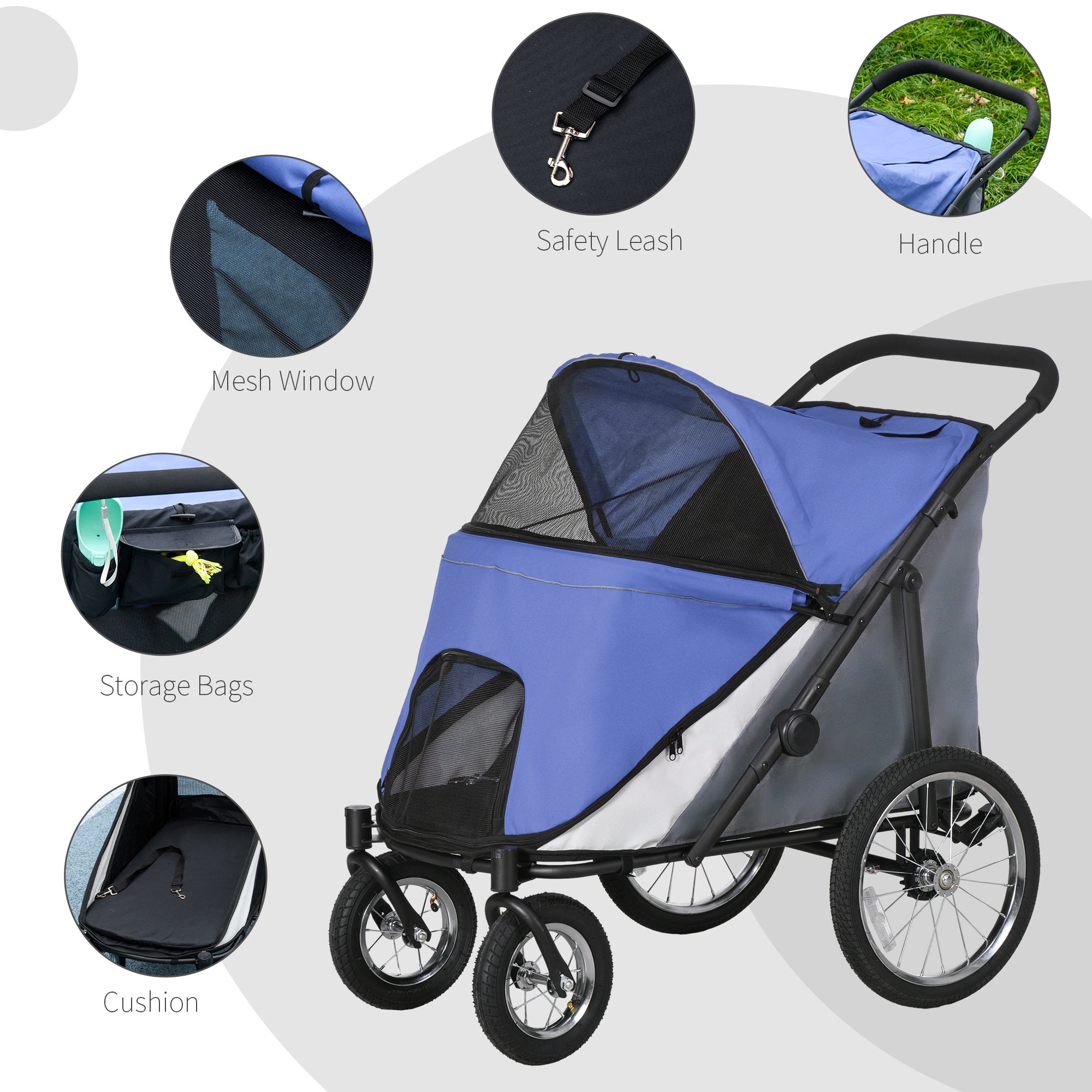 PawHut Foldable Pet Stroller, with Washable Cushion, Storage Bags, Safety Leash, for Medium, Large Dogs, Cats - Blue 