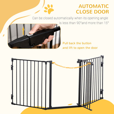 PawHut Pet Safety Gate, 3 Panels Playpen Fireplace, Metal Fence, Stair Barrier, Room Divider w/ Walk-Through Door - Black 