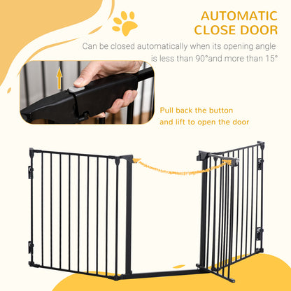 PawHut Pet Safety Gate, 3 Panels Playpen Fireplace, Metal Fence, Stair Barrier, Room Divider w/ Walk-Through Door - Black 