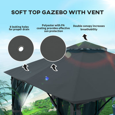 Outsunny 3 x 3(m) Garden Gazebo Patio Party Tent Shelter Outdoor Canopy Double Tier Sun Shade Metal Frame Netting, Dark Grey 
