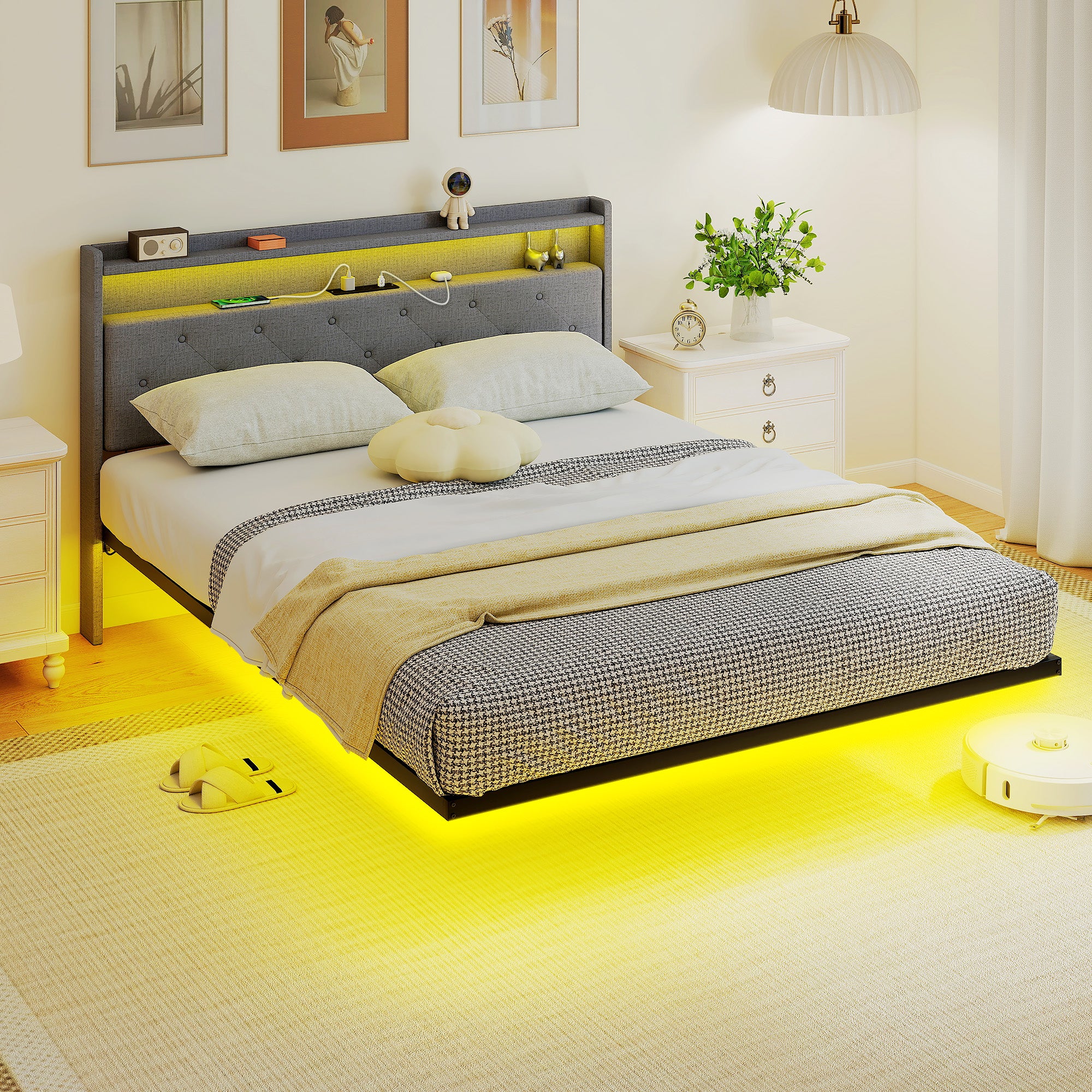 HOMCOM Floating Bed Frame, Upholstered 5ft King Size Bed, Platform Bed with RGB LED Lights and Charging Station, Grey 
