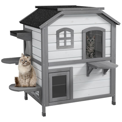 PawHut 2-Story Indoor or Outdoor Cat House W/ Escape Door, Cat Shelter, White 