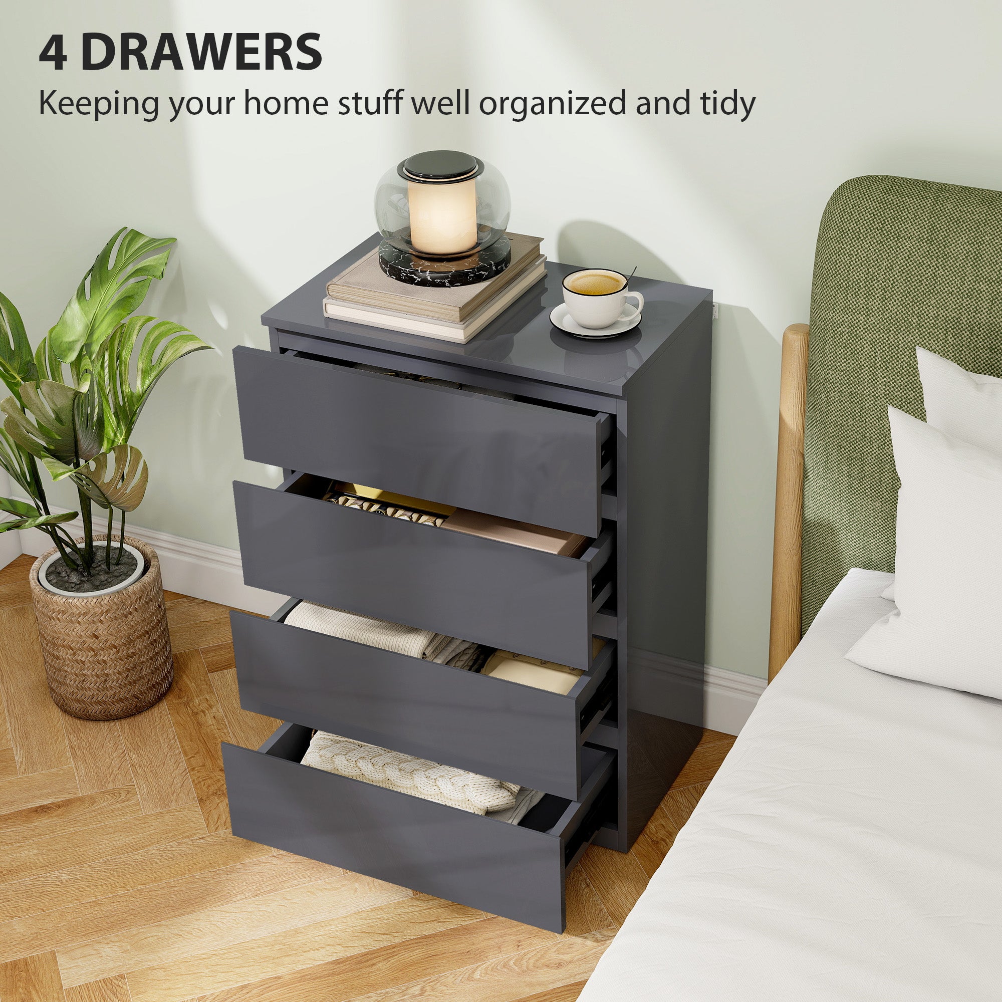 HOMCOM High Gloss Chest of Drawers, 4-Drawer Storage Cabinets, Modern Dresser for Bedroom, Grey 