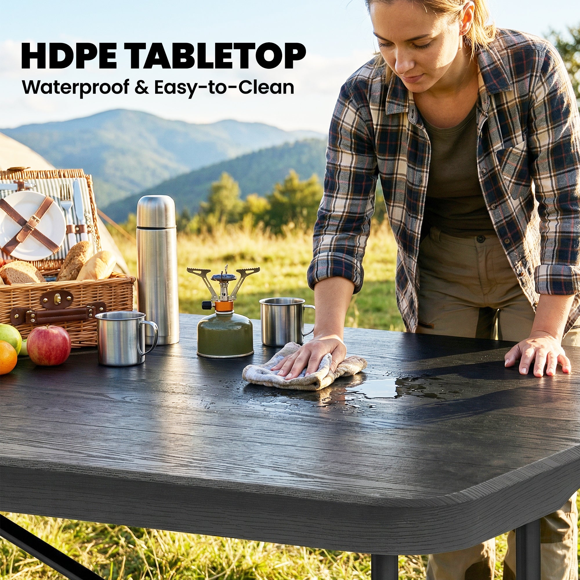 Outsunny 5 Piece 6ft Foldable Table and Chairs, Portable Picnic Table Set with 4 Chairs, Waterproof Top and Steel Frame, Black 