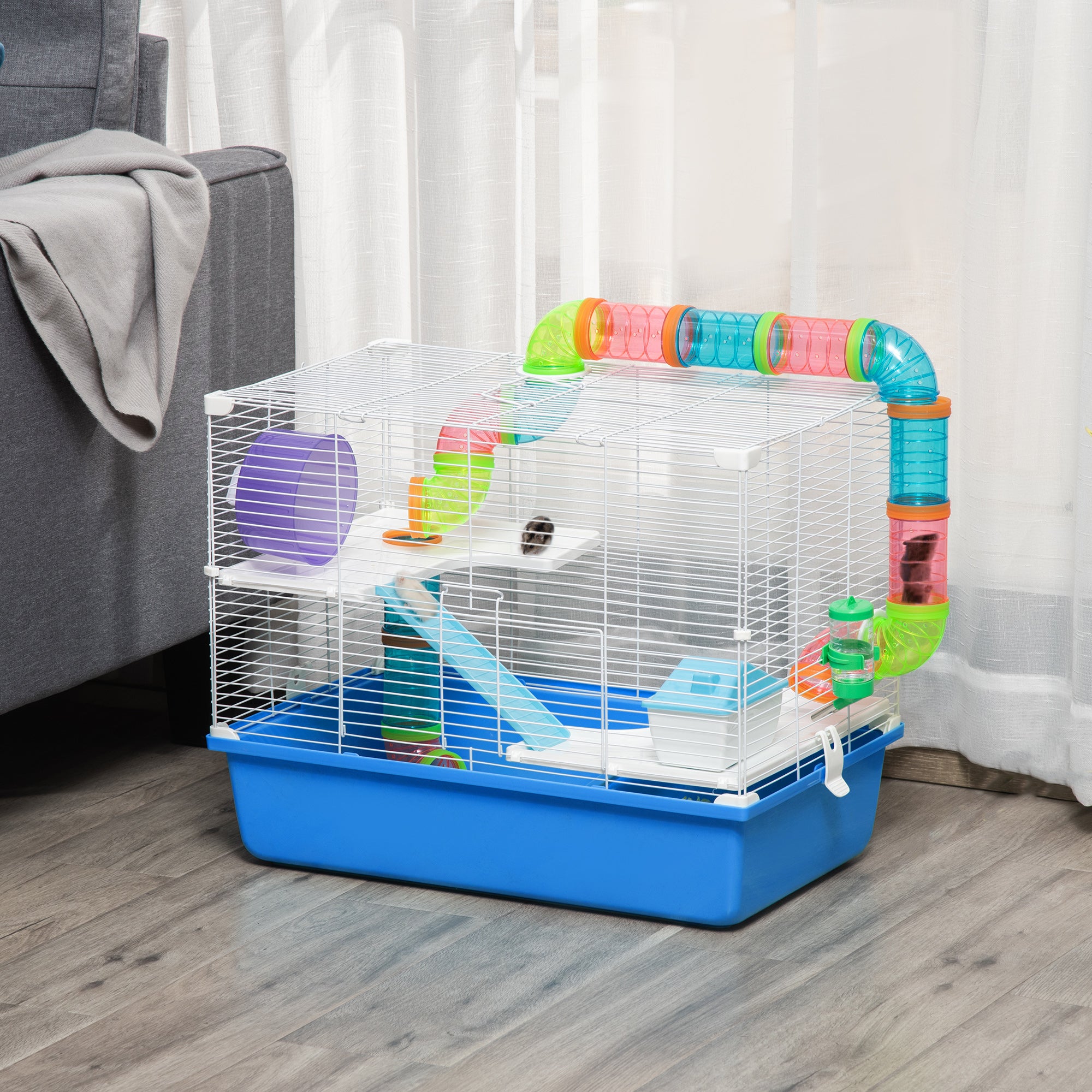 PawHut Hamster Cage, Gerbil Cage 3 Tier for Dwarf Hamster with Tube, Exercise Wheel, Water Bottle, Food Dish 59 x 36 x 47 cm- Blue 