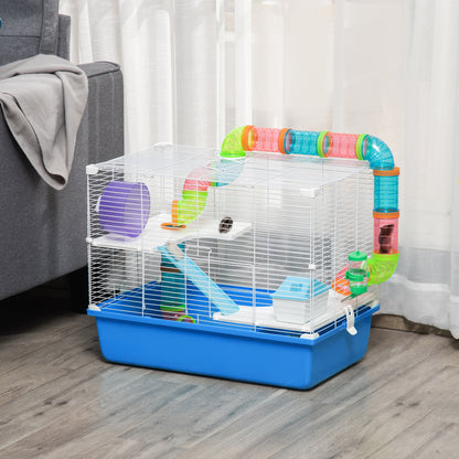 PawHut Hamster Cage, Gerbil Cage 3 Tier for Dwarf Hamster with Tube, Exercise Wheel, Water Bottle, Food Dish 59 x 36 x 47 cm- Blue 