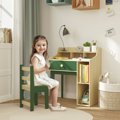 AIYAPLAY Kids Desk and Chair Set with Storage Shelves and Drawer, Green 