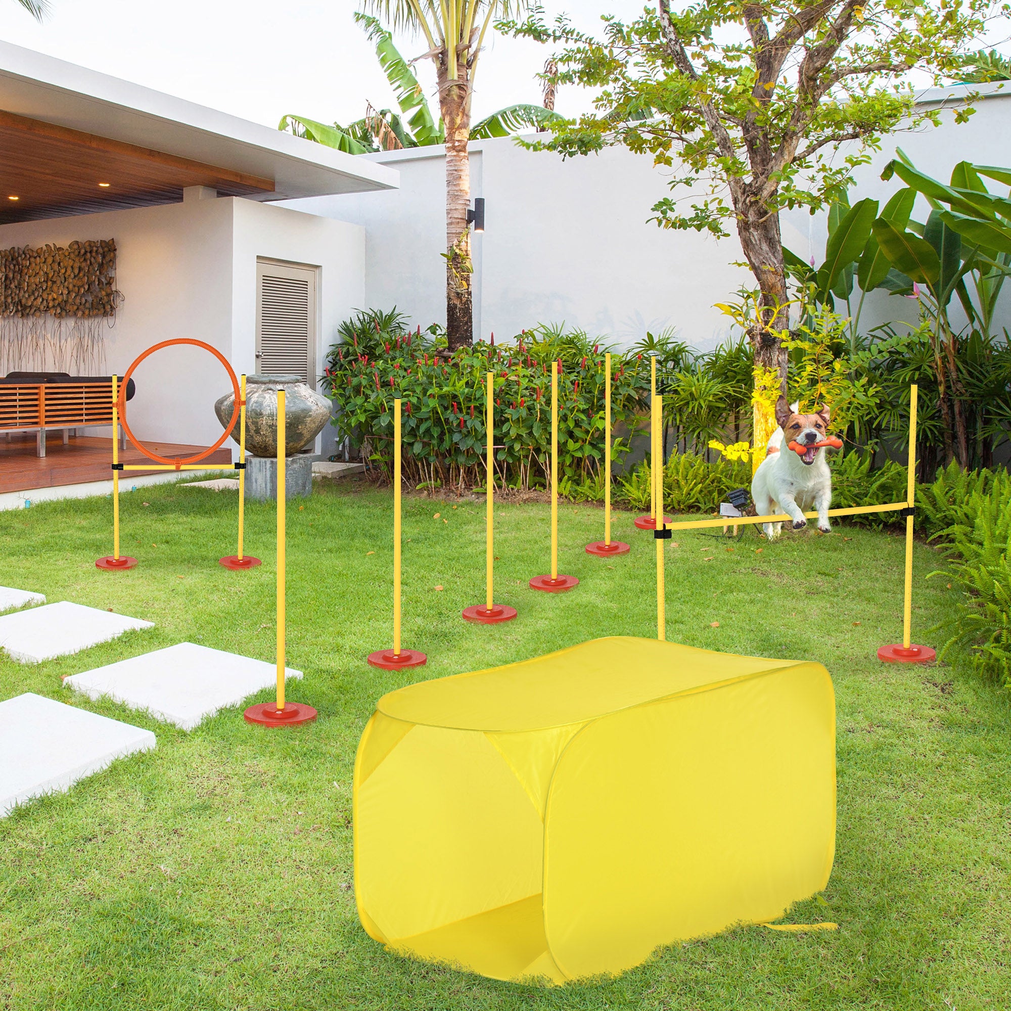 Pawhut Dog Agility Equipment Portable Pet Training Obstacle Set for Dogs 5 Pieces w/ Adjustable High Jumping Pole, Jumping Ring, Weave Poles, Tunnel 