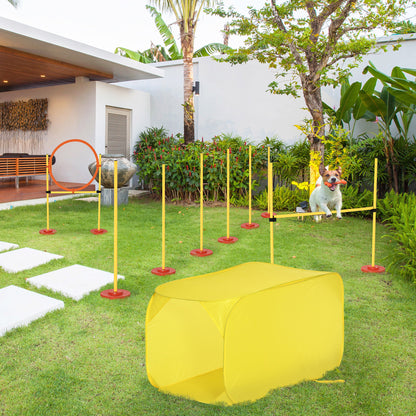 Pawhut Dog Agility Equipment Portable Pet Training Obstacle Set for Dogs 5 Pieces w/ Adjustable High Jumping Pole, Jumping Ring, Weave Poles, Tunnel 
