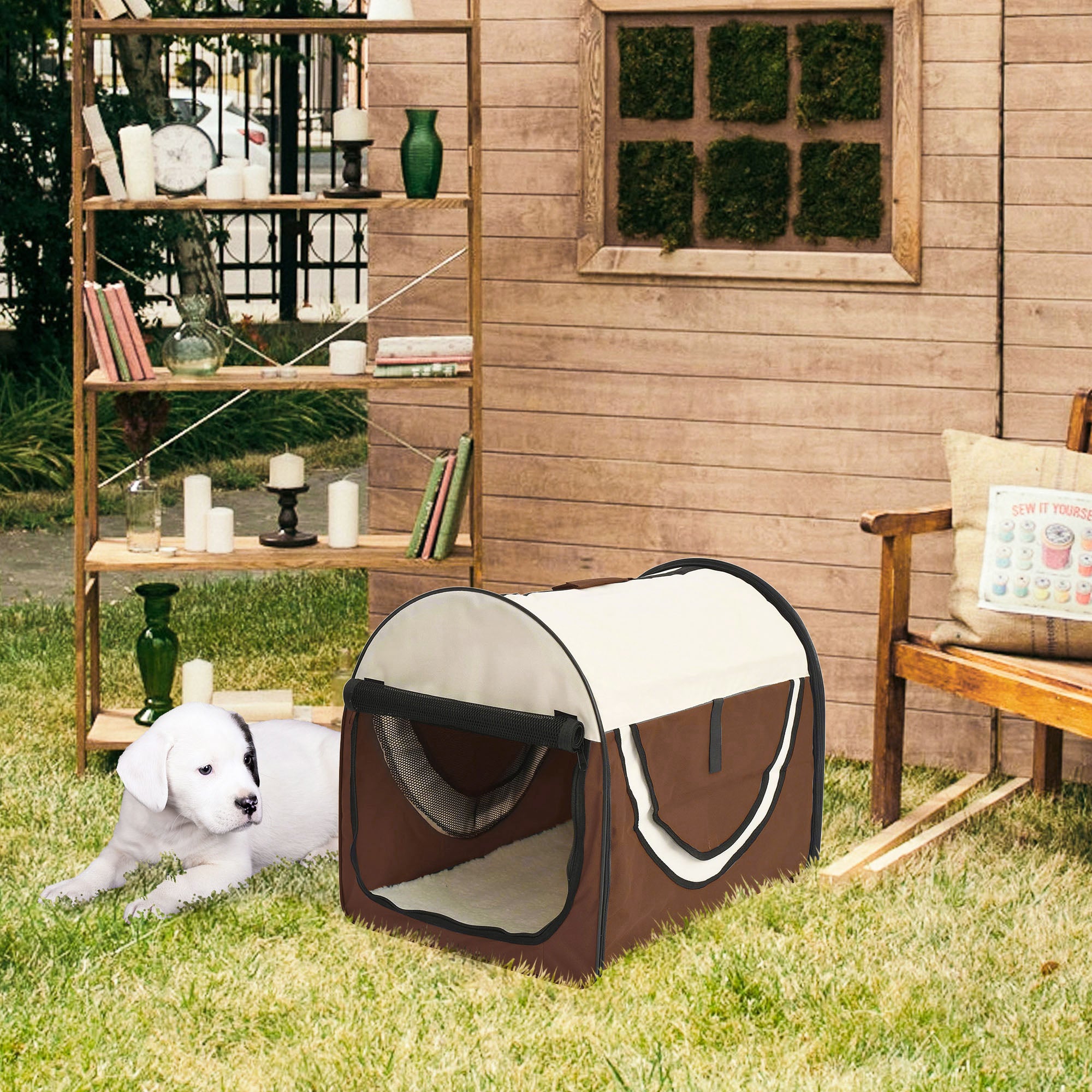 Pawhut Folding Fabric Soft Pet Crate, 46Lx36Wx41H cm - Brown 