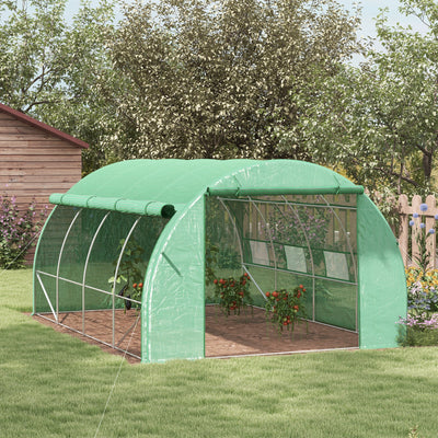 Outsunny Polytunnel Greenhouse Walk-in Grow House Tent with Roll-up Sidewalls, Zipped Door and 8 Windows, 4x3x2m Green 