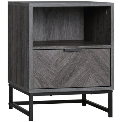 HOMCOM Bedside Table with Drawer and Shelf, Side End Table with Steel Legs for Living Room, Bedroom, Dark Grey 