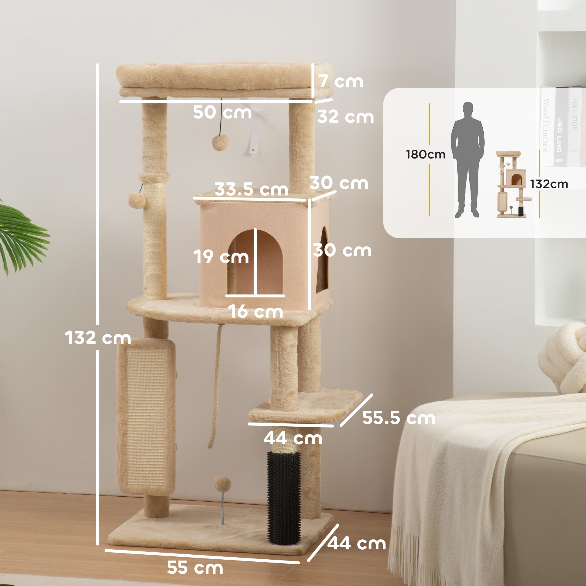 PawHut 132cm Cat Tree w/ Scratching Posts, Pad, Cat Bed, Cat House, Jumping Platform, Grooming Brush, Anti-Tip Kit, Beige 