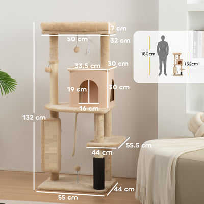 PawHut 132cm Cat Tree w/ Scratching Posts, Pad, Cat Bed, Cat House, Jumping Platform, Grooming Brush, Anti-Tip Kit, Beige 