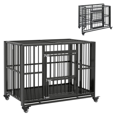 PawHut 43" Heavy Duty Dog Crate, Foldable Dog Cage, with Openable Top, Locks, Removable Tray, Wheels - Black 