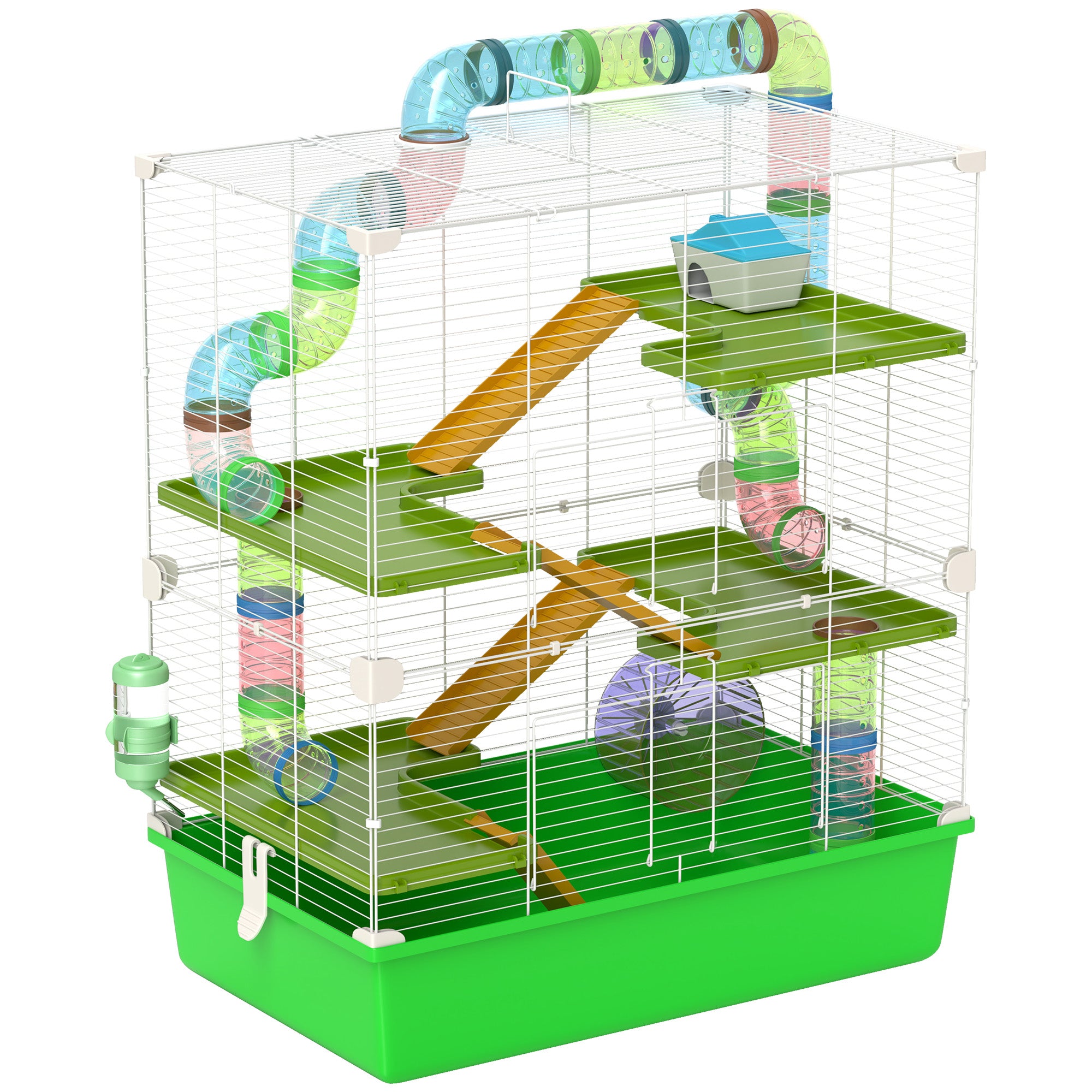 PawHut Hamster Cage w/ Water Bottle, Exercise Wheel, Tubes, Ramps - Green 