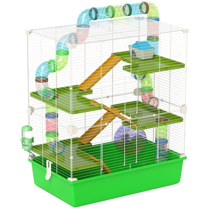 PawHut Hamster Cage w/ Water Bottle, Exercise Wheel, Tubes, Ramps - Green 
