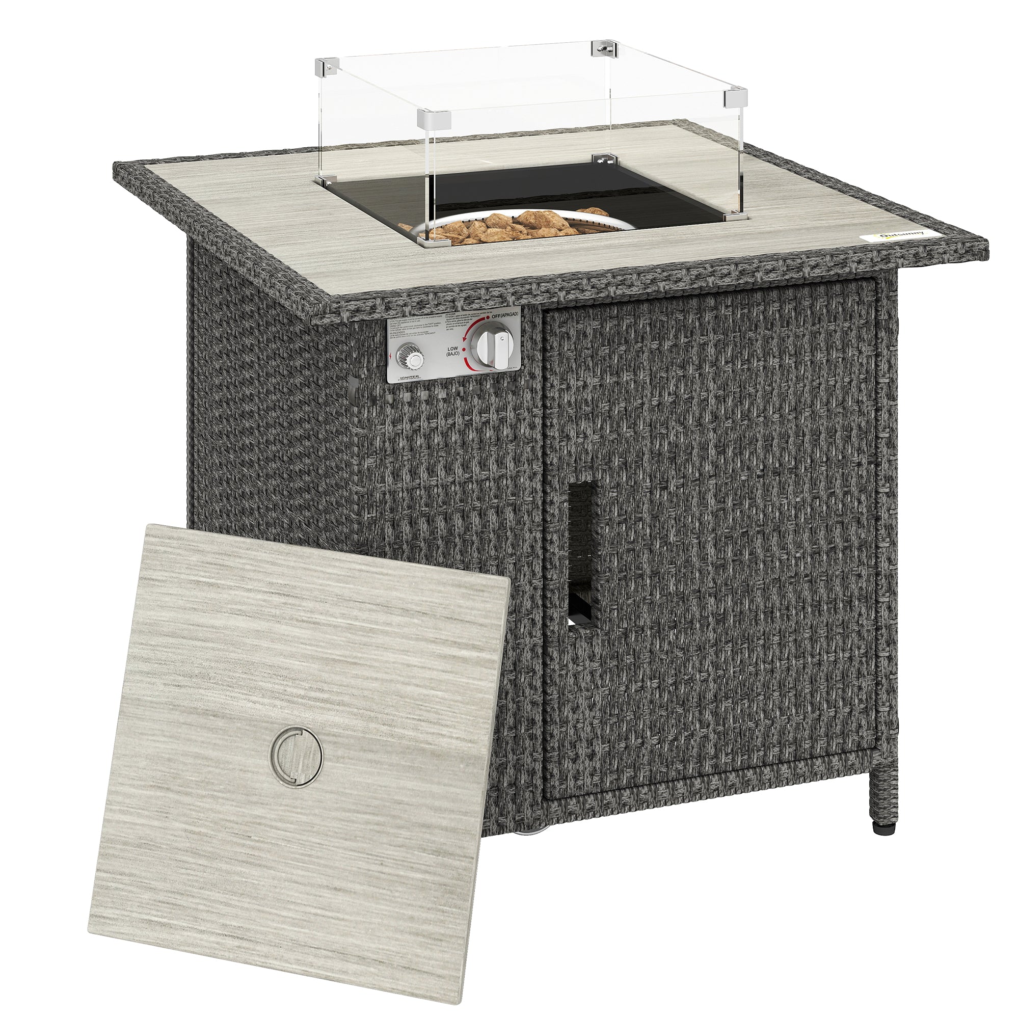 Outsunny 14.5 KW Rattan Gas Fire Pit Dining Table with Rain Cover, Wind Guard, Lid, Lava Rocks, Dark Grey 