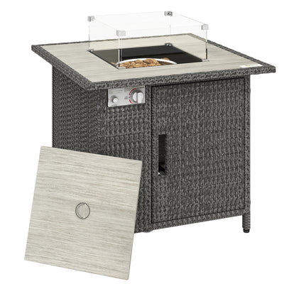 Outsunny 14.5 KW Rattan Gas Fire Pit Dining Table with Rain Cover, Wind Guard, Lid, Lava Rocks, Dark Grey 
