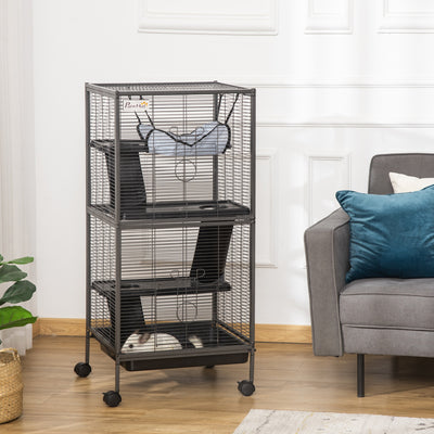 PawHut Small Animal Cage with Wheels Pet Home for Chinchillas Ferrets Kittens, with Hammock, 4 Platforms, Removable Tray, Silver 