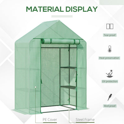 Outsunny Walk In Greenhouse with Shelves, Portable Gardening Plant Grow House for Outdoor with 2 Tier Shelf, Roll-Up Zippered Door, PE Cover, 141 x 72 x 191cm, Green 
