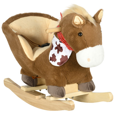 HOMCOM Kids Rocking Horse, with Safety Harness, Sounds, Foot Pedals - Brown 