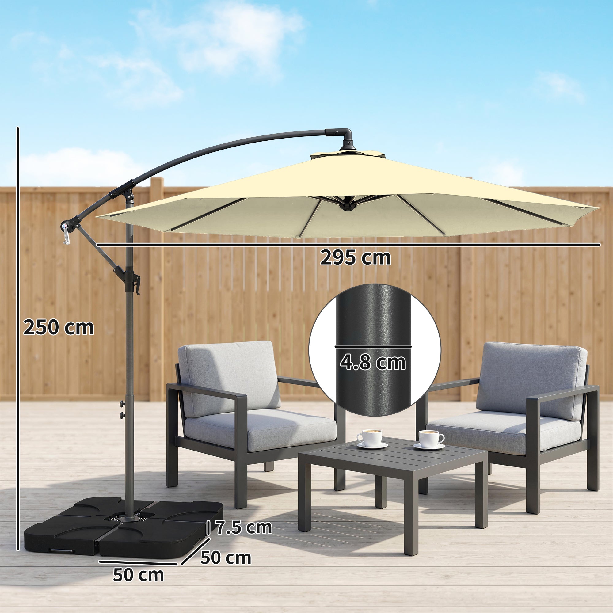 Outsunny 3m Overhanging Parasol, with Base, Weights and Cover - Sand brown 