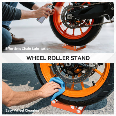 HOMCOM Motorcycle Wheel Cleaning Roller Stand with Steel Frame, Aluminium Rollers, Motorcycle Maintenance Stand for Tyre Cleaning and Chain Lubrication, Fit Tyre Width < 180mm, Bikes < 485lb, Orange 