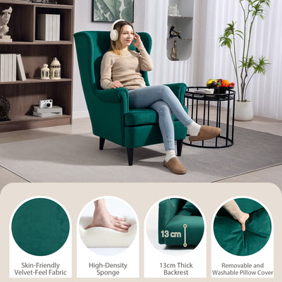 HOMCOM Modern Accent Chair, Upholstered Wingback Armchair with High Backrest and Pillow, Velvet-Feel Fabric Reading Chair with Solid Wood Legs for Living Room, Bedroom, Home Office, Dark Green 