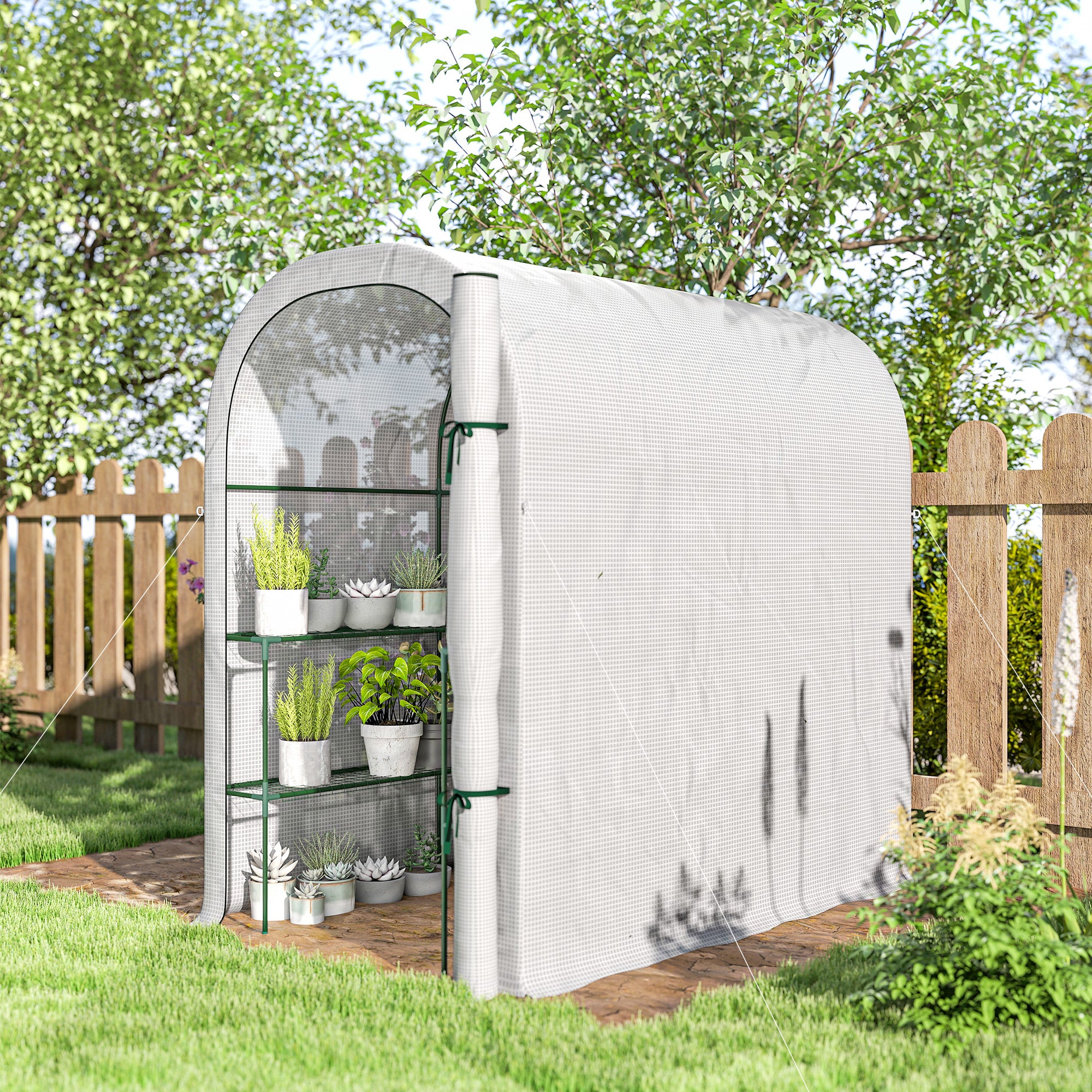 Outsunny Walk-in Greenhouse with Shelves, Small Greenhouse with PE Cover and Roll-up Door, 123 x 187 x 189 cm, White 