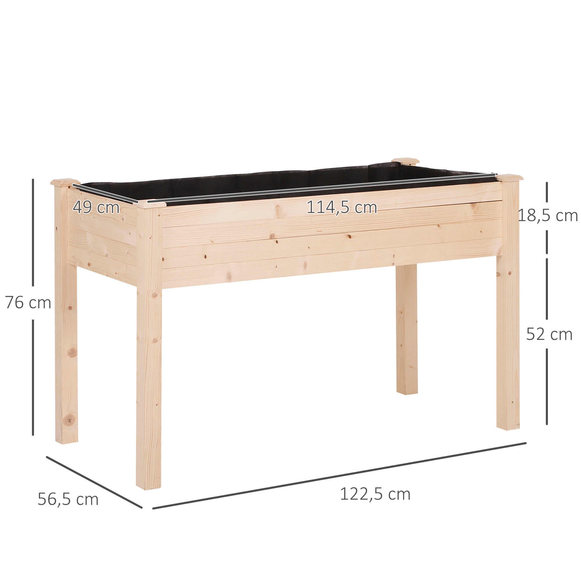 Outsunny Garden Wooden Planters， Non-Woven Fabric, Rectangular Raised Bed,Fir Wood，Indoor/Outdoor, 122.5Lx56.5Wx76H cm 