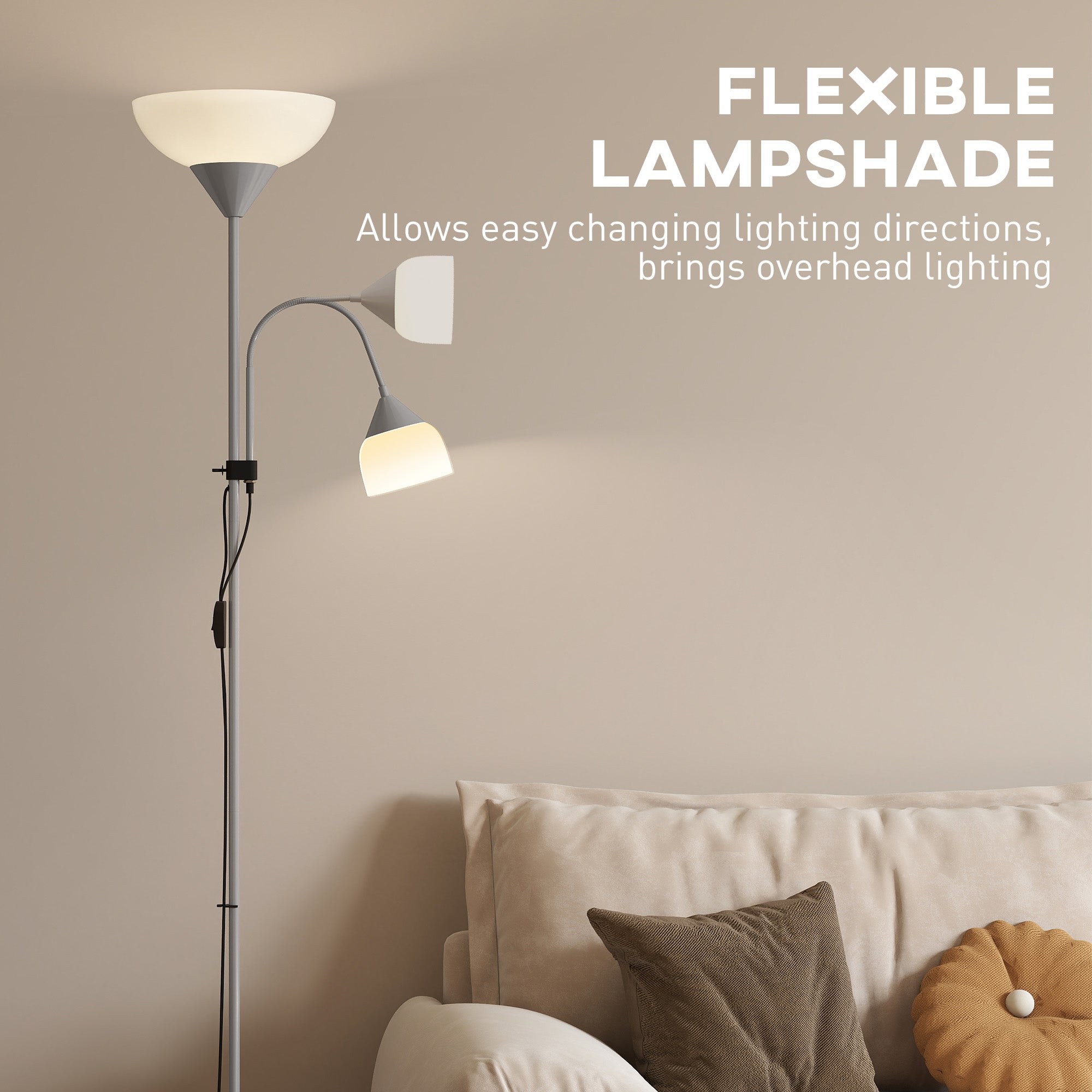 HOMCOM LED Floor Lamp for Living Room, 180cm Tall Standing Lamp, Mother and Child Uplighter with Adjustable Gooseneck, 3000K/4500K/6500K Colour Temperatures, Silver Tone