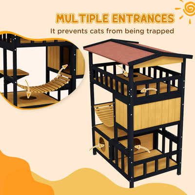 PawHut Outdoor Cat Shelter, Four-Tier Wooden Feral Cat House, with Suspension Bridge, Cat Houses, Balcony, Escape Doors 