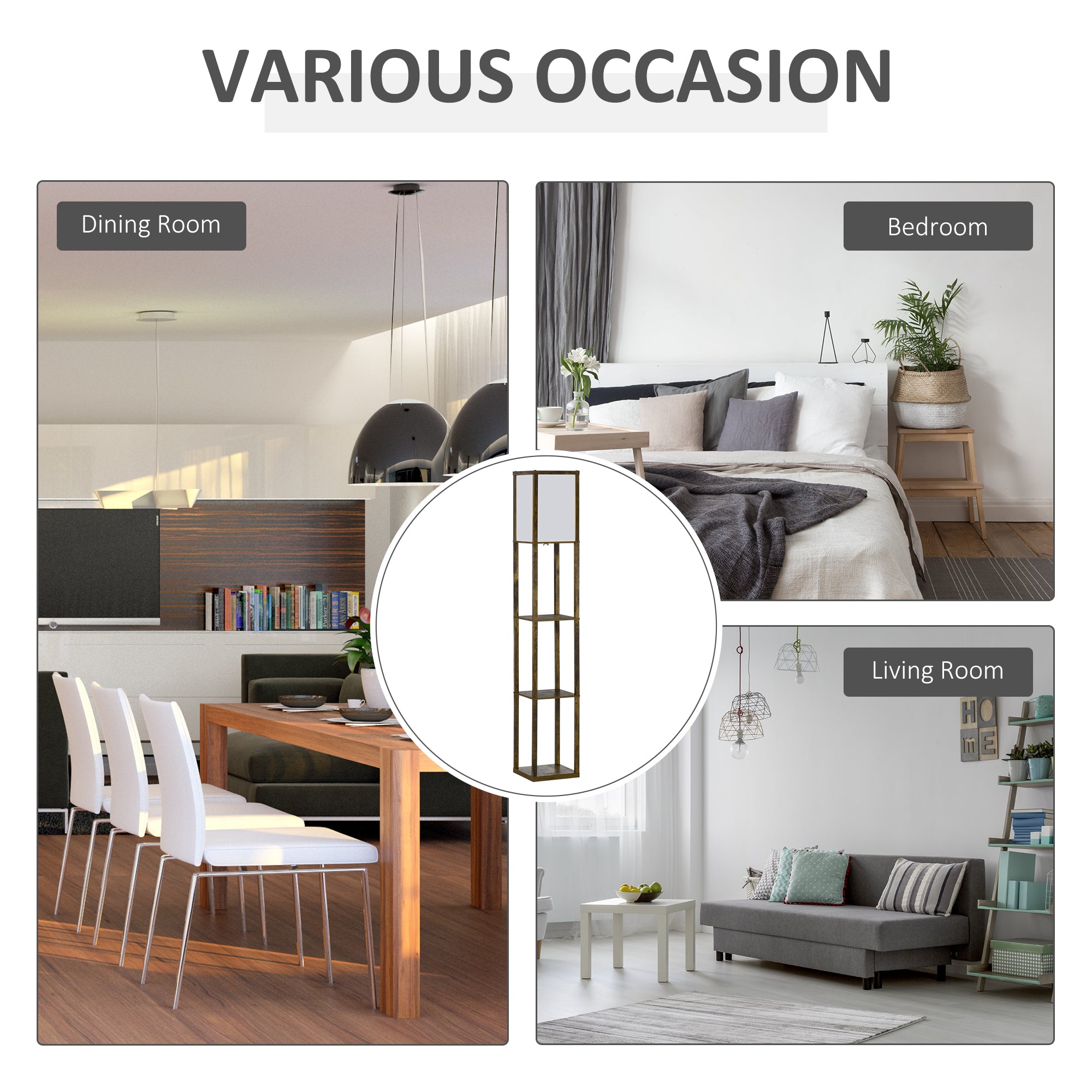 HOMCOM 3-Tier Floor Lamp, Floor Light with Storage Shelf, Reading Standing Lamp with Acrylic Shade for Living Room, Bedroom, Kitchen, Dining Room, Office, Dorm, 160cm, Brown 