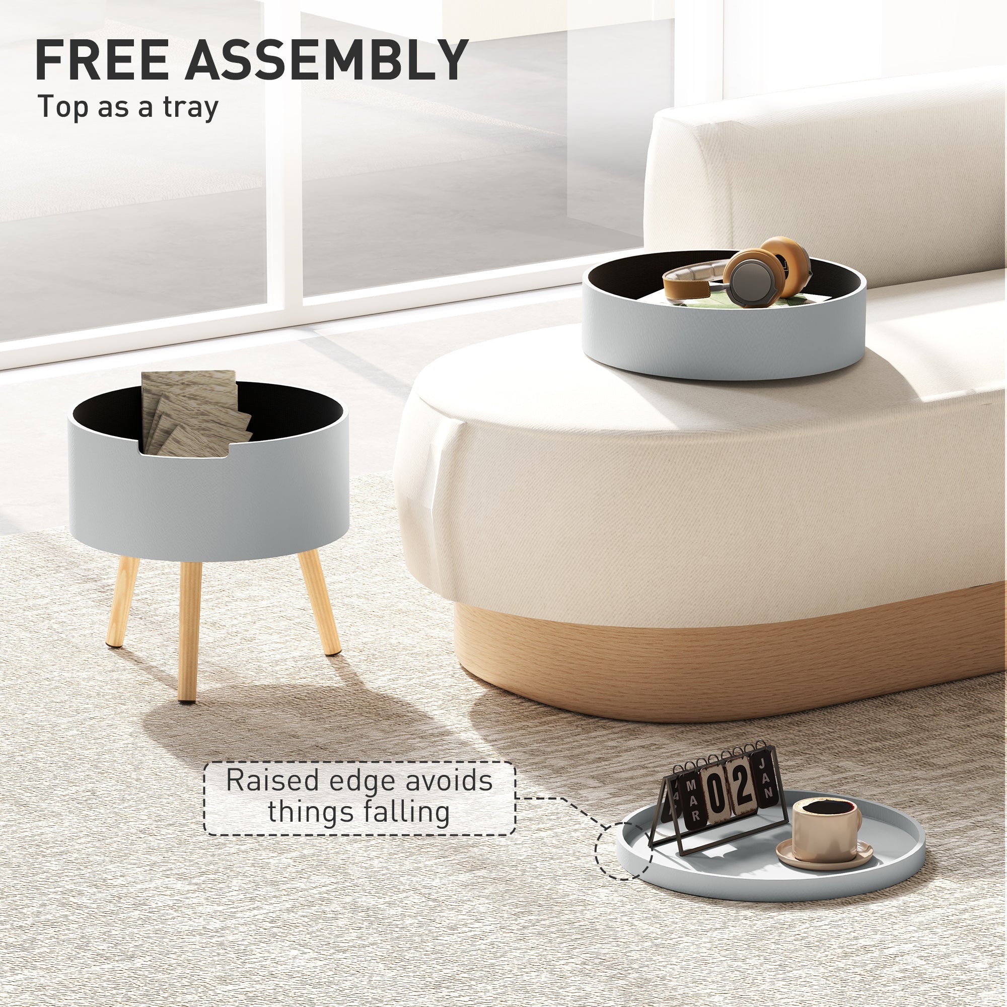 HOMCOM 3-Tier Coffee Table, Round End Table with 2 Hidden Compartments and Detachable Tray, Side Table with Storage for Living Room, Grey 