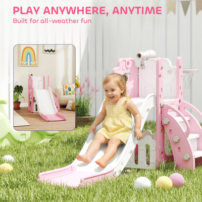 AIYAPLAY 5 in 1 Kids Slide Set with Basketball Hoop, Climbing Frame, Telescope, Storage Box for Toddlers Ages 1-3, Pink 