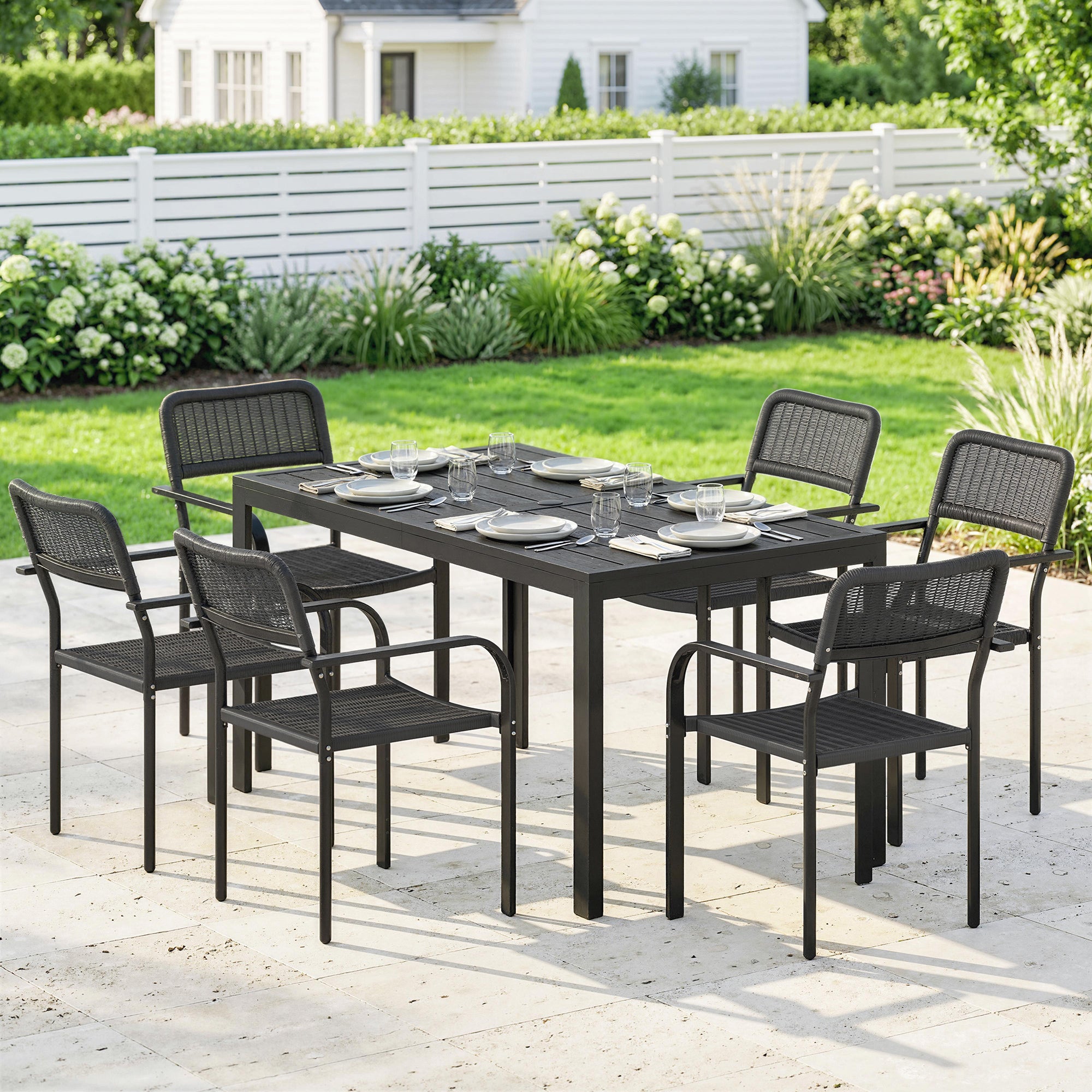 Outsunny Garden Dining Set for 6, Faux Wood Metal Outdoor Table and Stackable Chairs with Plastic Rattan Effect Seat, Black 