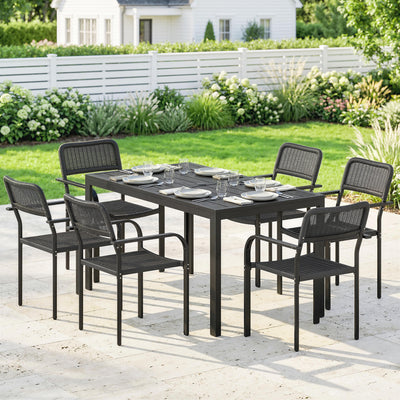 Outsunny Garden Dining Set for 6, Faux Wood Metal Outdoor Table and Stackable Chairs with Plastic Rattan Effect Seat, Black 