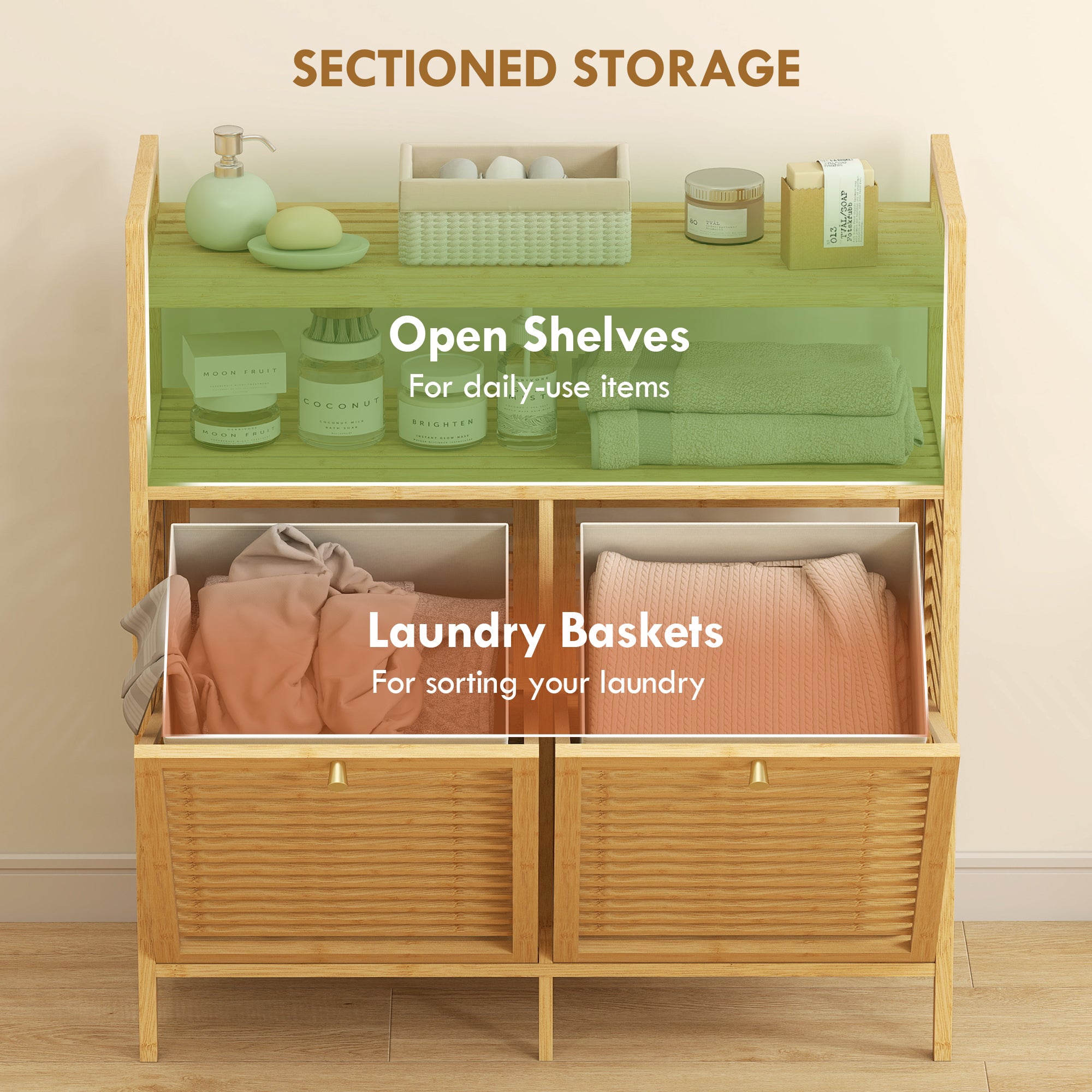 HOMCOM Double Tilt Out Bamboo Laundry Cabinet, Freestanding Bathroom Cabinet with 2 Removable Baskets, Natural 