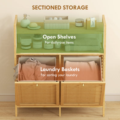 HOMCOM Double Tilt Out Bamboo Laundry Cabinet, Freestanding Bathroom Cabinet with 2 Removable Baskets, Natural 