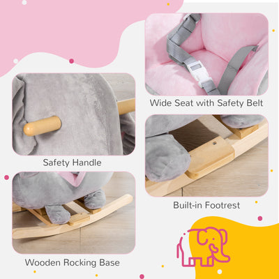 HOMCOM Kids Elephant-Designed Rocking Horse, with Safety Belt, Wooden Base, for Ages 18-36 Months - Grey 