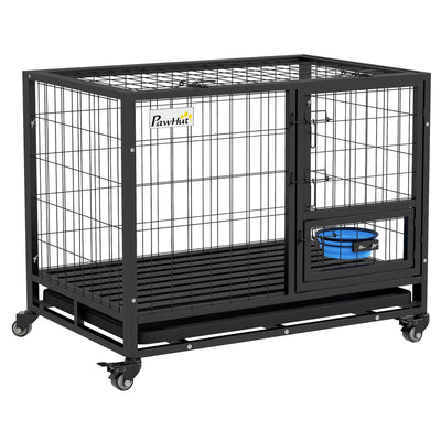 PawHut Heavy Duty Dog Crate on Wheels w/ Bowl Holder, Removable Tray, Openable Top, Detachable Door, for M, L Dogs 