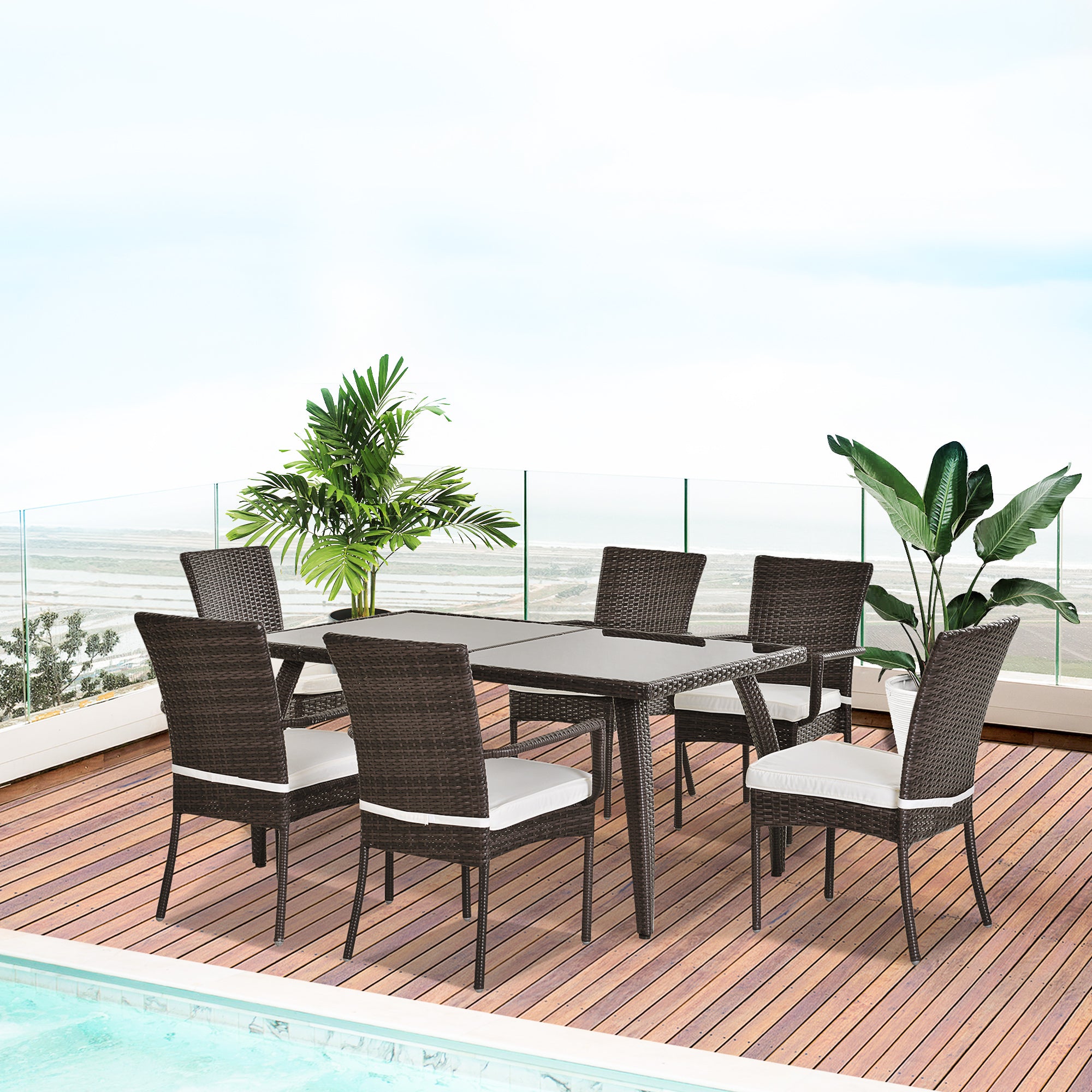 Outsunny 6 Seater Rattan Dining Set with Cushions, Rattan Garden Furniture Set, Outdoor Dining Table and Chairs with 6 Stackable Armchairs, Rectangular Glass Top Table for Patio, Balcony, Brown 