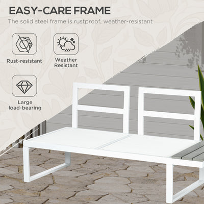Outsunny 4 Pieces Patio Garden Set with 5-Level Recline Corner Sofa, Outdoor Garden Lounge Sectional Conversation Sofa Set with Cushions, Wood Grain Plastic Table, White  Frame Grey Cushion 