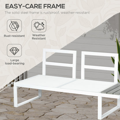 Outsunny 4 Pieces Patio Garden Set with 5-Level Recline Corner Sofa, Outdoor Garden Lounge Sectional Conversation Sofa Set with Cushions, Wood Grain Plastic Table, White  Frame Grey Cushion