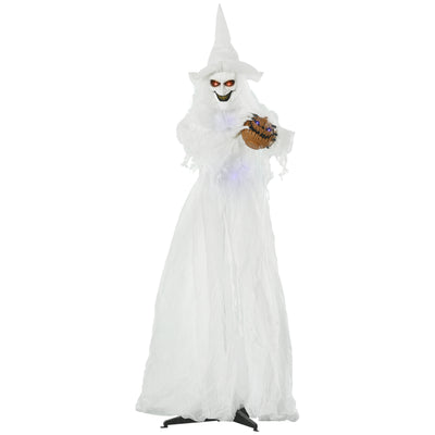 Outsunny 74 Inch Halloween Decorations White Witch Holding Pumpkin Head, Standing Skeleton Ghost Prop Life Size with Light Up Eyes and Body 