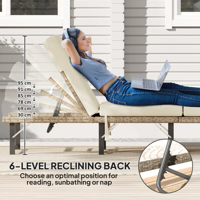 Outsunny Single Folding Rattan Sun Lounger, with Cushion - Grey 