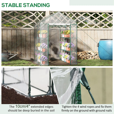 Outsunny Walk in Greenhouse with 3-Tier 8 Shelves, Green House with Hemmed Cover, Roll-up Zipped Door, Steel Frame, 143 x 143 x 195cm 